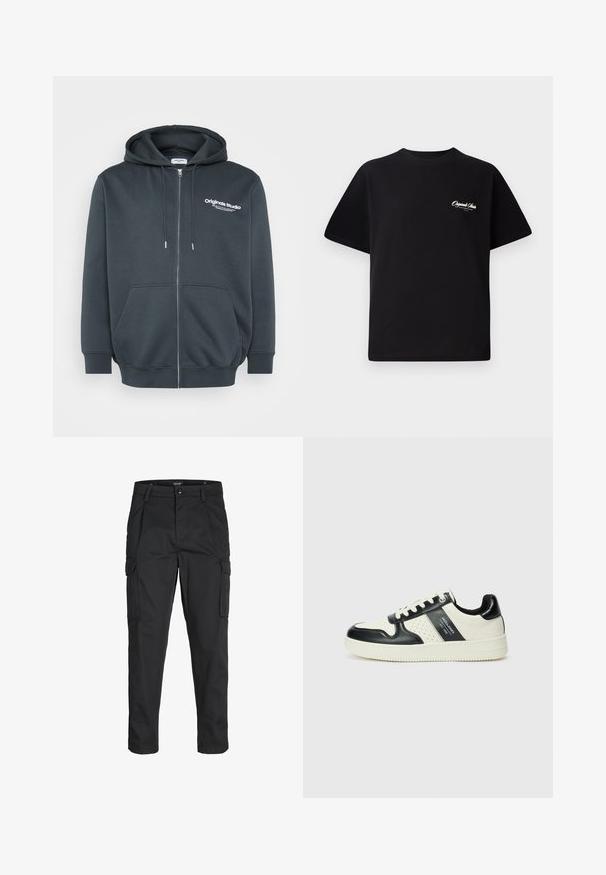 Haut à capuche zippé gris foncé en mélange de coton, avec un logo sur le devant, un capuchon réglable avec cordon de serrage et des poches kangourou à l'avant.; T-shirt en coton noir avec col rond, manches courtes et petit texte logo blanc sur la poitrine gauche. Conception simple, coupe classique.; Pantalons cargo noirs en tissu résistant, dotés de plusieurs poches, d'une fermeture par bouton et d'une coupe slim avec des jambes fuselées.; Baskets en cuir avec un schéma de couleurs noir et crème, dotées d'accents perforés, d'un col rembourré et d'une semelle texturée.