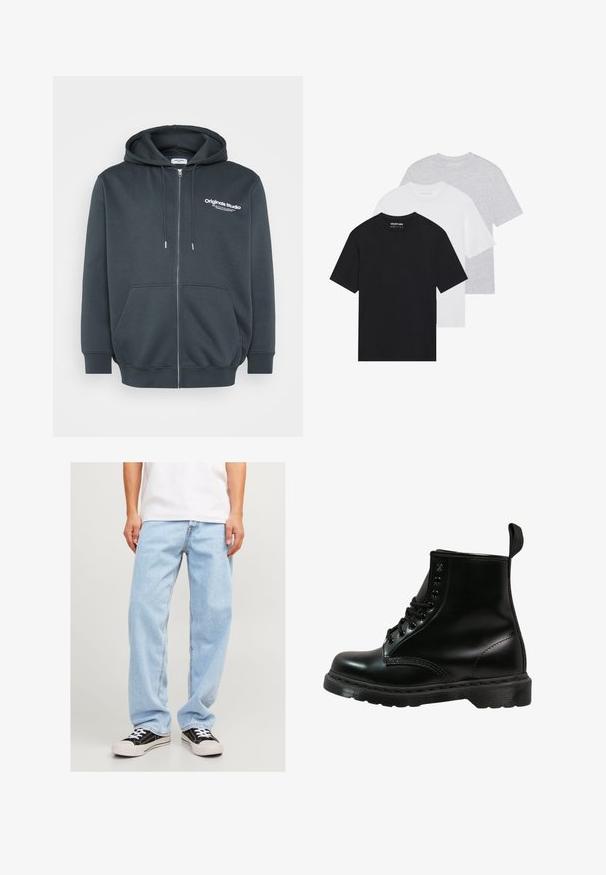 Tmavošedá mikina na zips vyrobená z bavlnenej zmesi, s predným logom, nastaviteľnou kapucňou na šnúrku a prednými kangaroo vreckami.; Súprava troch základných tričiek v čiernej, bielej a svetlo šedej farbe. Krátke rukávy, okrúhly výstrih, vyrobené z hladkej bavlny. Viditeľné logo značky.; Svetlomodré džínsy s uvoľneným strihom, so straitpno nohou a štandardným prešívaním, skombinované s čiernymi teniskami.; Čierna kožená čižma s okrúhlou špičkou, šnurovací dizajn, šesť očiek a textúrovaná gumová podrážka. Obsahuje pútko na zadnej strane.