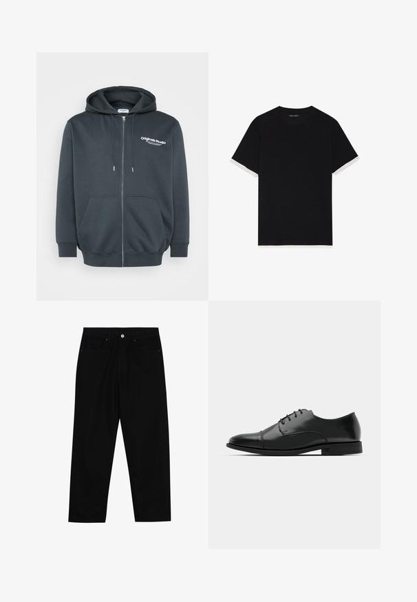 Sudadera con cremallera en gris oscuro, hecha de una mezcla de algodón, con un logotipo en el frente, capucha ajustable con cordón y bolsillos frontales tipo canguro.; Camiseta corta de manga negra con un tejido texturizado, con acentos blancos en los puños. Cuello redondeado, corte relajado.; Pantalones de mezclilla negra con corte recto, diseño de cinco bolsillos y cierre frontal con botón. Textura suave con detalles de costura mínimos.; Zapato de vestir de cuero negro con punta redondeada, diseño con cordones, detalles de costura sutiles y un tacón bajo. Textura suave con acabado pulido.