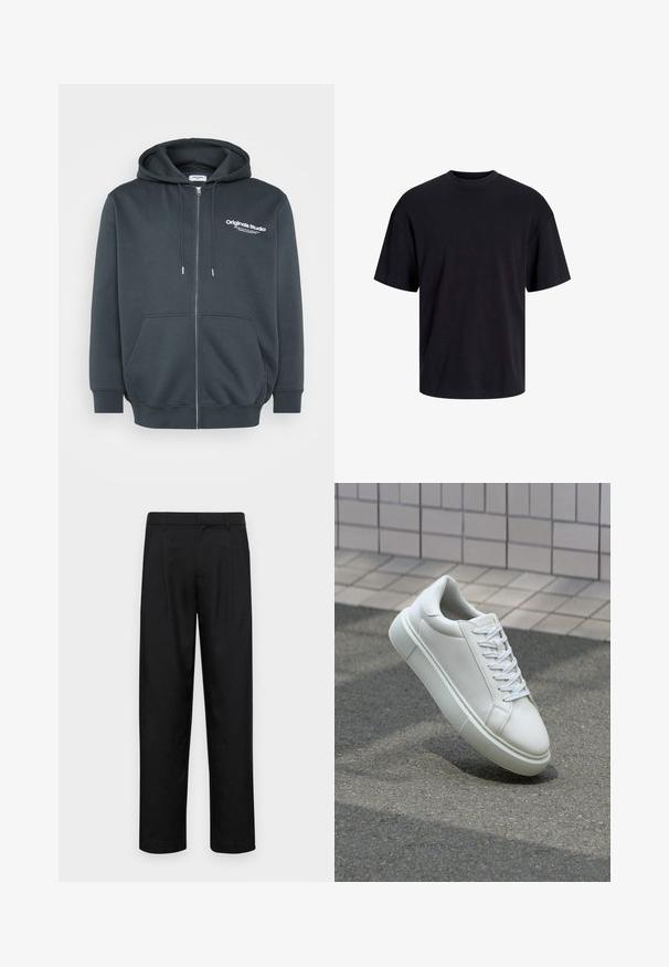 Donkergrijze ritshoodie van een katoenmix, met een logo aan de voorkant, verstelbare trekkoordkap en een buidelzak aan de voorkant.; Zwarte katoenen t-shirt met een ronde halslijn, korte mouwen en een relaxte pasvorm. Glad textuur en geen zichtbare patronen of accenten.; Zwarte broeken van gladde stof, met een recht model, twee voorknikken en een standaard tailleband met riemlussen.; Witte leren sneaker met een glad oppervlak, ronde neus en platte witte veters. Voorzien van een gestructureerde rubberen zool en minimale ontwerpelementen.