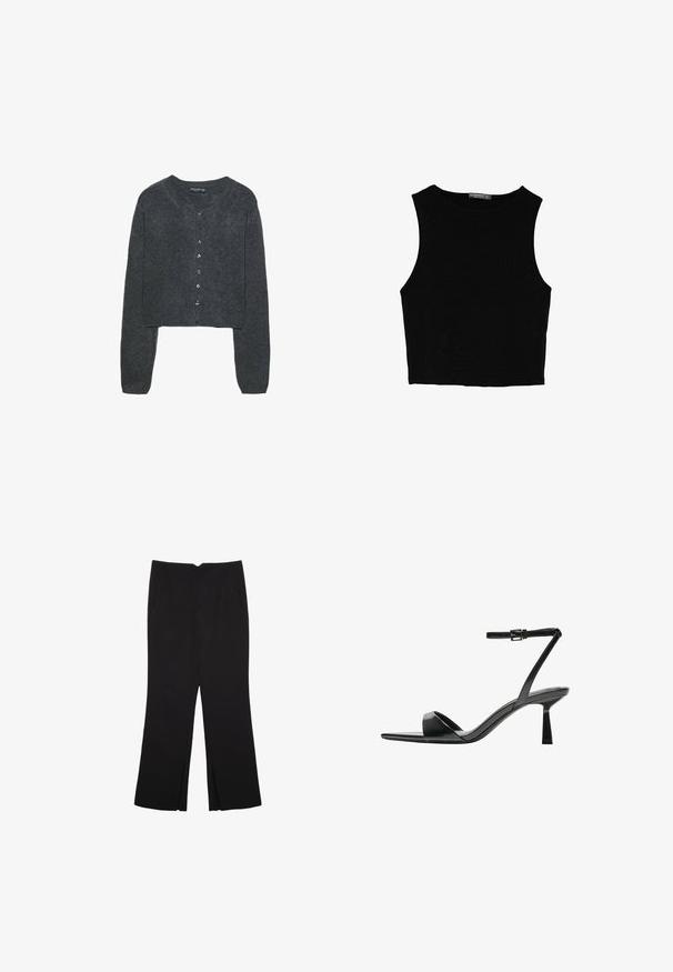 Stradivarius SOFT TOUCH - Strickjacke - dark grey; Schwarzes ärmelloses Crop-Top aus glattem Stoff, mit rundem Ausschnitt und einem klaren, schlichten Design ohne Muster oder Beschläge.; Schwarze Hose mit geradem Schnitt, ausgestattet mit Fronttaschen und Seitenschlitzen am Saum. Hergestellt aus weichem, glattem Stoff. Geeignet für verschiedene Anlässe.; Bershka High Heel Sandalette - black