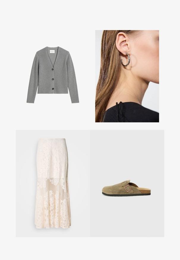 Γκρι ριμπ καρό, κατασκευασμένο από μαλακό πλεκτό υλικό, με V-λαιμόκοψη, μακριά μανίκια και τρία μαύρα κουμπιά μπροστά.; Μαύρη базή φανέλα φτιαγμένη από μαλακό, ελαστικό ύφασμα. Διαθέτει στρογγυλή λαιμόκοψη και φαρδιές τιράντες, με εφαρμοστή σιλουέτα και ομαλή υφή.; Φλοράλ δαντελένια μίντι φούστα σε κρέμα χρώμα; διαθέτει στρωματοποιημένο σχέδιο με διάφανες περιοχές, υφή δαντέλας και φαρδύ στρίφωμα.; Παντόφλα κλειστού τύπου από σουέντ σε ελιά πράσινο με λεπτό λουράκι και μεταλλικό αγκράφα. Διαθέτει πάτο από φελλό και μαύρη καουτσούκ σόλα.; Ασημένιο σκουλαρίκι κρίκος με γυαλιστερή φινίρισμα, που διαθέτει μικρές χρυσές λεπτομέρειες και στρογγυλό σχήμα, φορεμένο στον λοβό.
