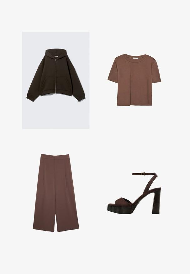 Felpa con zip marrone, dotata di un ampio cappuccio, maniche larghe e tasche a marsupio. Realizzata in un tessuto morbido e texture, presenta una silhouette cropped.; Maglietta a maniche corte marrone realizzata in tessuto morbido, con scollatura rotonda e vestibilità rilassata. Nessun motivo o dettaglio visibile.; Pantaloni ampi marroni con una texture liscia, caratterizzati da una vita alta e pieghe frontali. Il tessuto è leggero e scorre liberamente.; Sandal in camoscio marrone con tacco alto, punta aperta, cinturino alla caviglia regolabile e suola a piattaforma striata.