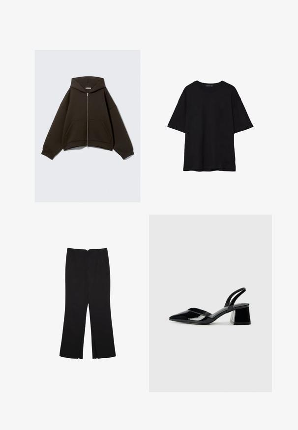 Smeđi dukserica na zatvaranje sa velikom kapuljačom, širokim rukavima i kengurским džepovima. Izrađena od mekog, teksturiranog materijala s skraćenim siluetom.; Crna pamučna majica s opuštenim krojem, kratkim rukavima, okruglim izrezom i glatkom teksturom. Nema vidljivih uzoraka ili detalja.; Crne hlače ravnog kroja, s prednjim džepovima i bočnim prorezima na rubu. Izrađene od mekog i glatkog materijala. Pogodne za razne prigode.; Crne lakirane kožne sandale s otvorenom petom i špicastim vrhom, s geometrijskom blok petom. Imaju elegantan, minimalistički dizajn i glatku teksturu.