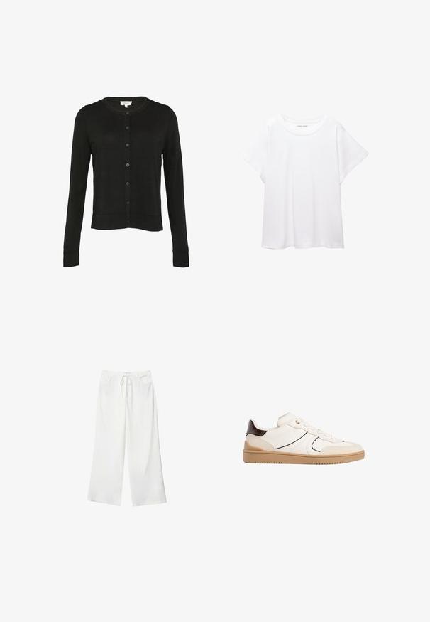 Schwarzer Langarm-Cardigan mit Rundhalsausschnitt, Knopfleiste, gerippten Bündchen und geradem Saum aus einem weichen, strukturierten Stoff.; Weißes T-Shirt aus weichem, leichtem Stoff. Mit runder Halslinie und kurzen, weit geschnittenen Ärmeln für einen lässigen Sitz. Keine sichtbaren Muster.; Weiße, weite Hosen aus weichem Stoff, mit einem Kordelzug in der Taille und zwei vorderen Taschen. Glatte Textur und keine sichtbaren Muster.; Stradivarius Sneaker low - white