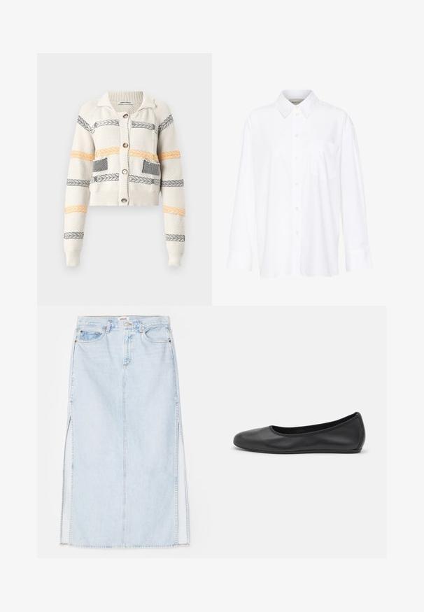 Apgriezts adīts kaklarota krēmkrāsā, ar horizontālām svītrām melnā un oranžā krāsā. Ievērojamas detaļas ietver apkakli un pogu aizdari.; Baltais garo piedurkņu krekls ar apkakli, izgatavots no kokvilnas. Aprīkots ar pogu aizdari priekšā un vienu krūšu kabatu. Gluda tekstūra, brīvs piegriezums.; Gaiši zilā denima maksi svārki ar taisnu griezumu, ar sānu šķēlēm un piecu kabatu dizainu. Izteikta izšūšana un metāla pogas aizdare.; Melna ādas baleta kurpe ar noapaļotu purngalu, gludu tekstūru, minimālu šuvju detalizāciju un elastīgu zoles dizainu.