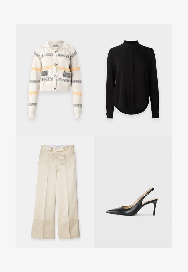 Lyhennetty neulecardigan vaaleassa sävyssä, jossa on vaakasuoria raitoja mustana ja oranssina. Huomionarvoisia yksityiskohtia ovat kaulus ja napitus.; Mustat pitkähihaiset puserot, joissa on terävä kaulus, piilotettu nappilista ja kaareva helma yksinkertaista valkoista taustaa vasten.; Beige levelet lahkeet sileässä kankaassa, joissa on korkea vyötärö, laskostettu etuosa ja taitettu helma. Niissä on sivutaskut ja siisti viimeistely.; Mustat nahkaslingback-korkokengät, joissa on terävä kärki, säädettävä hihna ja tyylikäs stiletto-korko, jotka tarjoavat sileän pinnan.