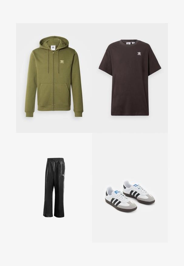 Sweatshirt com fecho éclair em verde oliva, feito de um tecido suave, com capuz, dois bolsos frontais e pequeno logótipo da adidas em dourado no peito.; T-shirt de algodão castanho escuro com mangas curtas, decote redondo e logo branco da Adidas no lado esquerdo do peito. Design simples e de corte descontraído.; Calças de treino sintéticas pretas com um cós elástico, apresentando riscas laterais brancas e um pequeno logótipo branco no quadril esquerdo.; Ténis desportivos com um cabedal em pele branca, biqueira em camurça cinza e três riscas pretas. Apresenta um logo azul na língua e uma sola de borracha texturizada.