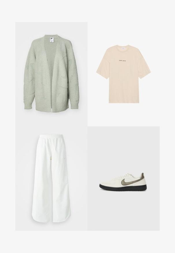 Nike Sportswear CARDIGAN - Kardiganas - jade horizon; Bežinis medvilninis marškinėlis su laisvu kirpimu, trumpomis rankovėmis ir apvaliu kaklu. Priekyje spausdintas užrašas "Teigiamas nuoširdumas" juoda spalva.; Balti sportiniai keliai su platėjančiomis kojomis, su įtemptu juosmeniu ir subtilia logotipo detale. Lygus audinys, laisvas kirpimas ir siaurėjantis apatinis kraštas.; Nike Sportswear FIELD GENERAL - Sportbačiai - off-white/black