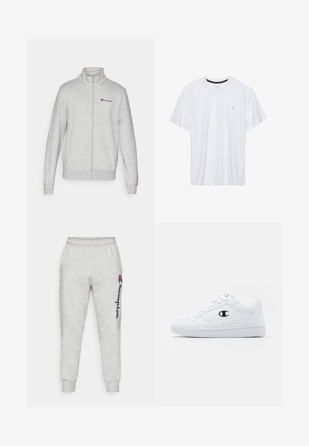 Champion ICONS FULL ZIP COLLAR - Mikina na zip - grey; Bílý crewneck tričko vyrobené z bavlny, s krátkými rukávy a malým logem vyšitým na levé straně hrudi. Měkká textura.; Světle šedé bavlněné tepláky s ribbed manžetami, na nichž je vertikální námořnická modrá značka "Champion" a jemná textura. Elastický pas pro pohodlí.; Bílé sportovní tenisky s hladkým syntetickým svrškem, černým logem a perforovanými detaily po stranách. Gumová podrážka.