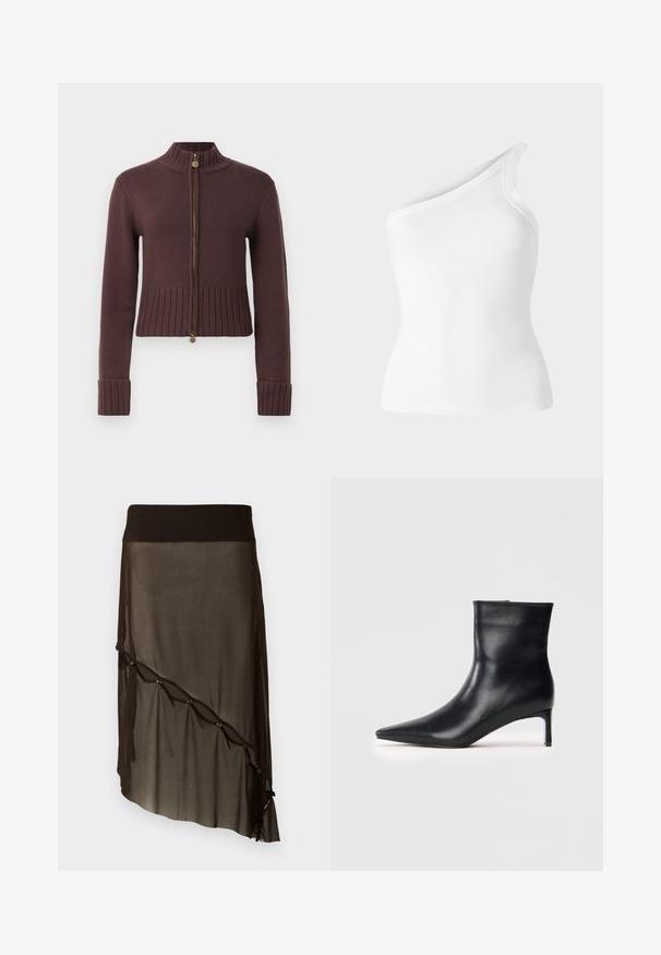 Tumši brūns ribotais adījums ar rāvējslēdzēju, augsts apkakle, garas piedurknes un ziedu formas rāvējslēdzēju rokturi.; Balts ribēts bez piedurknēm tops ar asimetrisku dizainu uz viena pleca. Gluda tekstūra, pieguļošs siluets un tīras malas.; Melnā acu svārku ar pieguļošu jostu, asimetrisku apakšmalu, dekoratīvām pogām priekšpusē un slāņotu caurspīdīgu tekstūru.; Melnas ādas potīšu zābaki ar norādītu purngalu, glītu dizainu un slaidu kaķu papēdi. Gluda tekstūra bez redzamām rotājumiem.