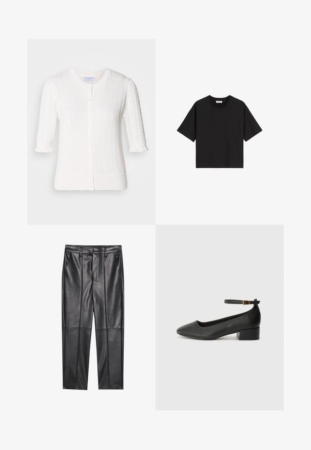 Witte cardigan met ribbelstructuur, korte poffende mouwen met kantdetail, knoopsluiting en kleine ruches aan de mouwmanchetten.; Zwarte katoenen t-shirt met korte mouwen, een ronde hals en een ontspannen pasvorm. Gladde textuur en eenvoudig ontwerp zonder patronen of versieringen.; Zwarte leren broeken met een gladde textuur, voorzien van een rechte pasvorm, twee voorzakken en zichtbare naaddetail.; Zwarte leren pump met een spitse neus en een lage blokhak. Beschikt over een enkelband met een goudkleurige gespsluiting. Gladde textuur.
