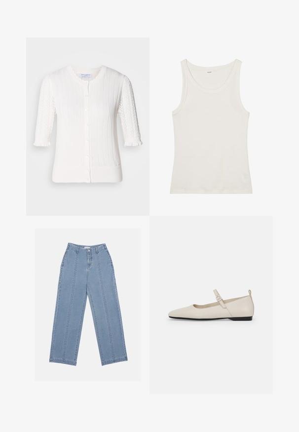 Bela kardigan s rebrasto teksturo, kratkimi naborki z detajli čipke, zapiranje na gumb in majhni naborki na manšetah rokavov.; Bela bombažna majica brez rokavov z širokim izrezom in tankimi naramnicami. Gladka tekstura brez vidnih vzorcev ali okraskov.; Svetlo modri široki traper hlače. Imajo visoko pasico, zaponko na gumb in vidne šive. Na sprednji strani niso vidni žepi.; Bele balerinke iz belega usnja Mary Jane s špicastim nosom, stranskim zaponko in nizkim črnim peto. Gladka tekstura in minimalističen dizajn.