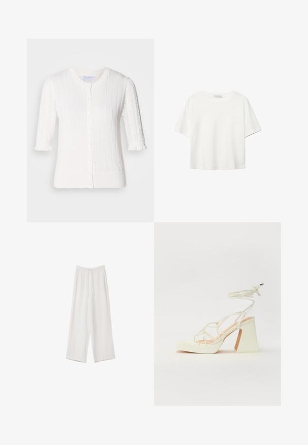Witte cardigan met ribbelstructuur, korte poffende mouwen met kantdetail, knoopsluiting en kleine ruches aan de mouwmanchetten.; Witte korte mouwen t-shirt van katoen. Heeft een ronde halslijn en een ontspannen pasvorm. Glad textuur zonder zichtbare patronen of accenten.; Witte wijde broek gemaakt van een lichte stof. Voorzien van een elastische tailleband met een trekkoord en zijzakken. Zachte textuur.; Witte hoge hakken sandaal met een chunky hak, met een bandjesontwerp en enkelband. Gladde textuur met een plateau voor extra hoogte.