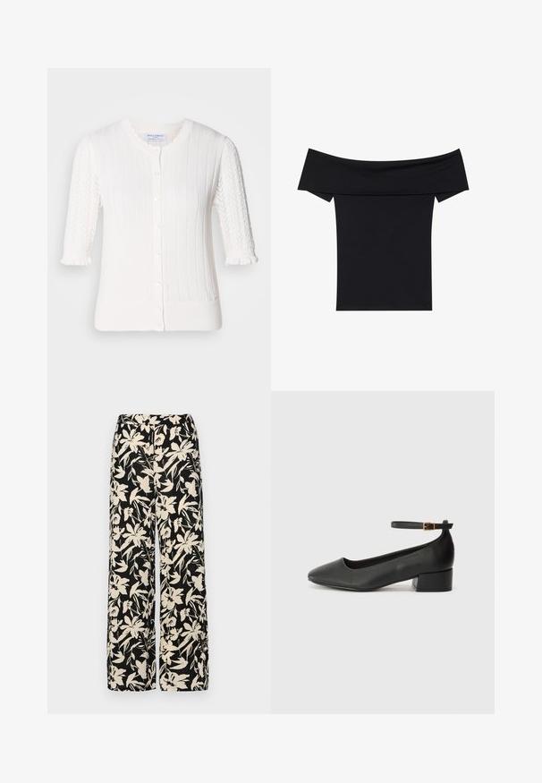 White cardigan with ribbed texture, short puff sleeves featuring lace detail, button closure, and small frill at sleeve cuffs.; Black off-the-shoulder top made from soft stretch fabric. Features short sleeves and a fitted silhouette. Simple, seamless design.; Black wide-leg pants with a cream floral pattern. Made of lightweight fabric, featuring a smooth texture and a high waistband.; Black leather pump with a pointed toe and a low block heel. Features an ankle strap with a gold-tone buckle. Smooth texture.