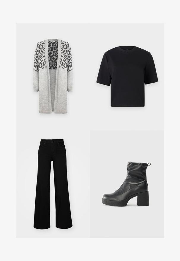 Grå strikket cardigan med lange ermer og åpen front. Har et svart leopardmønster på den øvre delen. Myk tekstur.; Svart T-skjorte med korte ermer, rund hals, laget av glatt bomullsstoff; løs passform, minimalistisk design, ingen synlige mønstre eller detaljer.; Svart vide bukser laget av denim, med en strukturert midjebånd, beltestropper og frontlommer. Glatt tekstur med et klassisk design.; Svarte ankelstøvler laget av glatt lær, med glidelås på siden, chunky strukturert hæl, og rund tå-design.