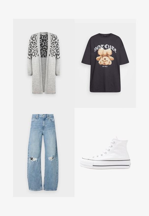 Harmaa neulecardigan, jossa on pitkät hihat ja avoin etuosa. Yläosassa on musta leopardikuosisuunnittelu. Pehmeä rakenne.; Mustat ylisuurent-paidat, joissa on karhun grafiikka ja teksti "EI SULOINEN VAAN VILLI" rohkealla valkoisella fontilla. Puuvillamateriaali.; Vaaleansiniset, korkeavyötäröiset farkut, jotka on valmistettu denimmateriaalista. Ominaisuuksiin kuuluvat leveät lahkeet, kaksi revittyä polvialuetta ja klassinen viiden taskun tyyli.; Valkoiset korkeavartiset kangaskengät mustalla kumipohjalla, edessä kuminen varvasosa ja kuusi nauha-aukkoa, puhtaan minimalistisella muotoilulla.