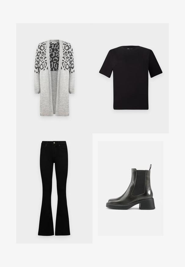 Cardigã cinza tricotado com mangas longas e frente aberta. Apresenta um padrão de estampa leopardo preto na parte superior. Textura suave.; T-shirt preta de mangas curtas com decote redondo, feita de tecido de algodão suave. Design simples, sem logótipos ou padrões visíveis.; Jeans pretos de cintura alta com fecho de botão e zíper, bolsos frontais e pernas largas dispostos em cima de um fundo branco.; Botas de tornozelo em couro negro com um acabamento liso, painéis laterais elásticos e um salto robusto. Apresentam uma alça na parte de trás para facilitar o calçar.