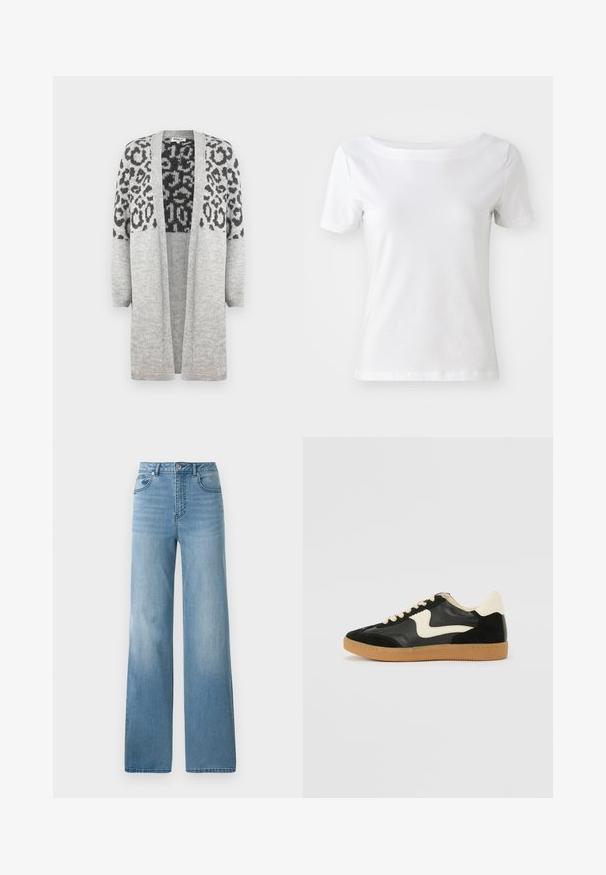 Pilkas megztinis su ilgomis rankovėmis ir atviru priekiu. Aukščiau puikuojasi juodas leopardų raštas. Minkšta tekstūra.; Balta trumpa rankovėmis marškinėliai iš medvilnės, su plačiu kaklu ir lygiu paviršiumi. Paprastas ir be puošmenų dizainas.; Šviesiai mėlynos aukšto liemens džinsai su tiesiu sijonu. Pagaminti iš džinsinio audinio, su penkiomis kišenėmis ir mygtukų uždarymu.; Juodos zomšo ir odos sportinės bateliai su kreminiu šoniniu swoosh ir šviesiai kreminiu kulnu. Ypatybės - smėlio spalvos raišteliai ir guminis padas.