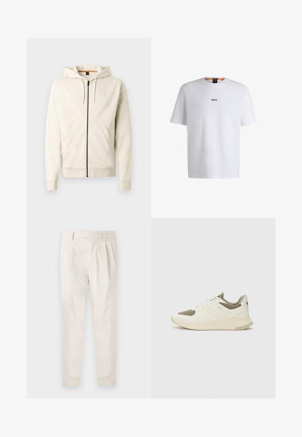 Svetlo bež kapuca iz mehkega materiala, z zadrgo spredaj, dvojno žepom in nastavljivo kapuco s vrvico. Preprost logo na prsih.; Bela bomba iz bombaža s kratkimi rokavi, ki ima črni logotip "BOSS" na sredini prsnega dela in okroglo obliko ovratnika.; Bele, plisirane hlače s krojenim prileganjem, z gladko teksturo, z zankami za pas in ožjimi hlačnicami. Brez vidnih žepov ali vzorcev.; Beli in svetlo bež športni copat, s mrežastim zgornjim delom, perforiranimi detajli in teksturirano srednjim delom z blagovno znamko na peti.