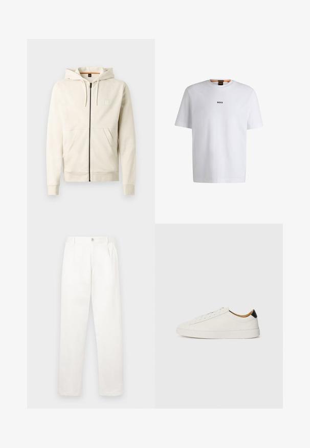 Světlý béžový svetr s kapucí vyrobený z měkké tkaniny, s předním zipem, dvojitými kapsami a nastavovací šňůrkou na kapuci. Jednoduché logo na hrudi.; Bílý bavlněný tričko s krátkým rukávem, se středovým černým logem "BOSS" na hrudi a kulatým výstřihem.; Bílé kalhoty vyrobené z hladké tkaniny, s rovnými nohavicemi, předními sklady a jedním knoflíkem na zavírání v pase.; Bílá teniska s hladkým koženým svrškem, kulatou špičkou a plochou podrážkou. Černý akcent na patě, se tónovými tkaničkami a minimalistickým logem.