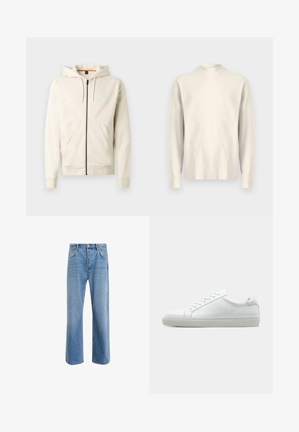Light beige hoodie made of soft fabric, featuring a zip front, double pockets, and adjustable drawstring hood. Simple logo on chest.; Long-sleeve, mock-neck shirt in light cream cotton. Smooth texture, relaxed fit, minimalist design, no visible patterns or accents.; Light blue denim jeans with a straight-leg design, five pockets, button closure, minimal fading, and contrasting stitching details.; White sneaker with a smooth leather upper and a low profile. Features a rounded toe, six eyelets, and a textured rubber sole.