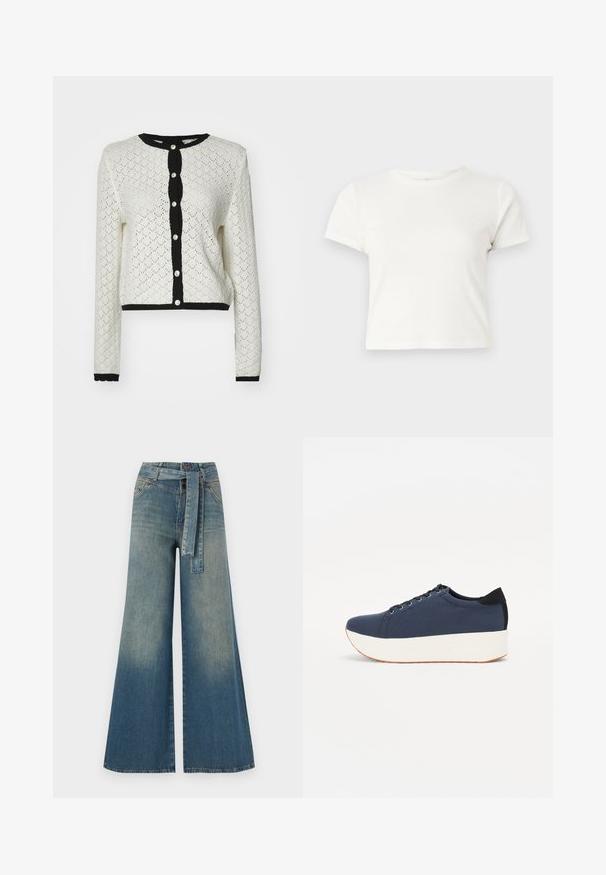 White lace-knit cardigan with long sleeves and a cropped design. Black ribbed accents along the neckline, button placket, and hem. Five buttons.; Short white t-shirt made of cotton with short sleeves, a round neckline, and a straight hem, featuring a smooth texture and minimal design.; Wide-leg denim trousers featuring a light to dark blue gradient, high waist, belt loops, and a matching fabric belt. Textured denim finish.; Navy blue sneaker with a textured fabric upper, white platform sole, rounded toe, and black heel accent. Features six eyelets for laces.