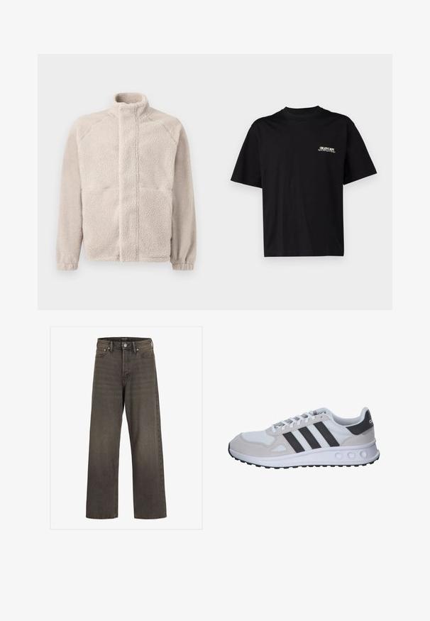 Fleece jacket in light beige with a high collar, long sleeves, and a soft textured surface. Features two front pockets and a straight cut.; Black cotton t-shirt with short sleeves, round neck, and front left chest print in white and gold text, featuring a relaxed fit.; Wide-leg jeans in dark grey denim, featuring a high waist, classic five-pocket design, and contrasting stitching along the seams.; Gray and white athletic shoe featuring a mesh upper, suede accents, three black stripes, and a textured rubber sole with round cutouts.