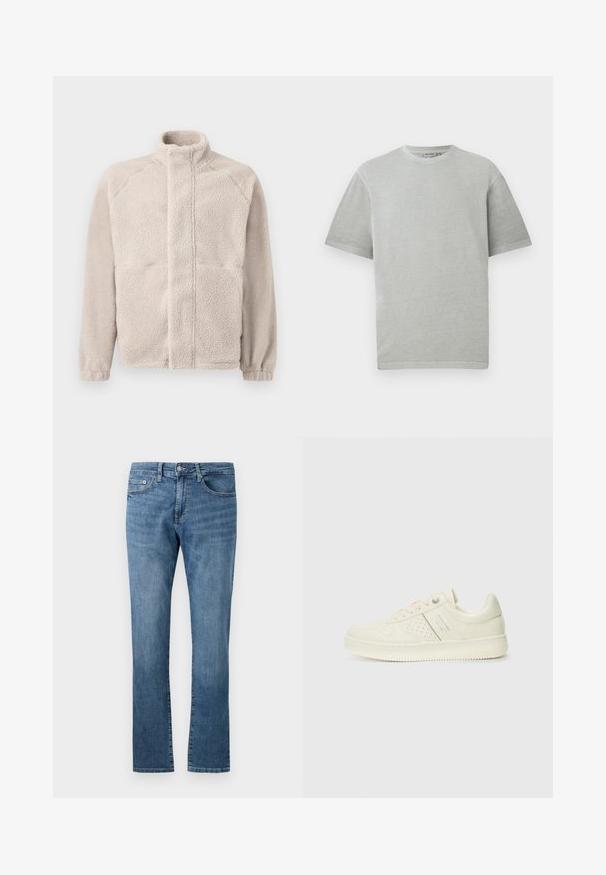 Chaqueta de forro polar en color beige claro con un cuello alto, mangas largas y una superficie de textura suave. Cuenta con dos bolsillos frontales y un corte recto.; Camiseta gris claro de manga corta y cuello redondo, exhibida sobre un fondo blanco plano.; Jeans de mezclilla azul de pierna recta para hombre con cierre frontal de botón y cremallera, estilo de cinco bolsillos, mostrados de forma plana sobre fondo blanco.; Zapatilla color crema con detalles perforados, cordones y logotipo en el lateral, exhibida sobre un fondo blanco liso.