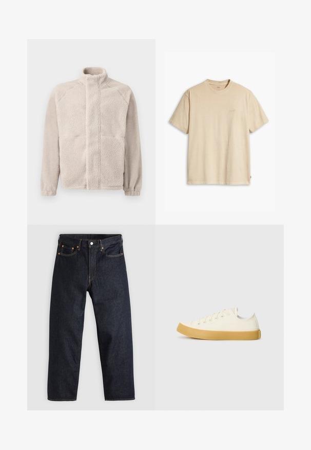 Veste en polaire beige clair avec un col montant, des manches longues et une surface texturée douce. Comprend deux poches avant et une coupe droite.; T-shirt en coton beige avec un col rond et des manches courtes. Présente un logo "Levi's" subtil de la même couleur sur la poitrine. Texture douce.; Jean en denim bleu foncé avec une coupe droite, cinq poches, des coutures orange contrastantes et une fermeture à boutons. Pas de motifs ou d'ornements visibles.; Des baskets en toile couleur écru avec un bout rond, dotées de semelles en caoutchouc beige et de cinq œillets pour les lacets, avec une finition texturée sur la tige.