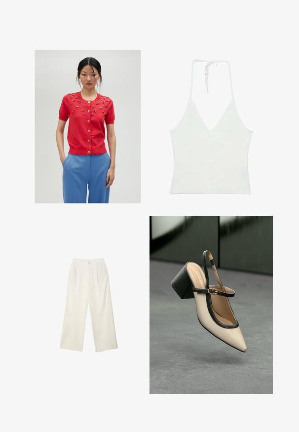 Röd kortärmad cardigan med dekorativa flerfärgade pärlor, rund halsringning och knappstängning; bärs med blåa byxor.; Vitt halternecklinne med djup V-ringning. Tillverkat av ett mjukt, lätt material. Har justerbar knytning i ryggen.; Breda byxor i krämfärgad tyg med en mjuk yta, med en enda knapp fram, subtila veck och en hög midja design.; Beige slingback-sko med hög klack, spetsig tå, svart kant och spänndetalj. Slätt material med matt finish, medelhög klossklack.