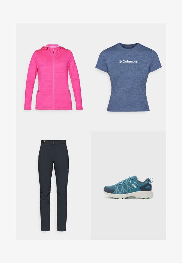 Casaco rosa com capuz, em tecido texturizado, com fecho frontal completo e bolsos laterais com fecho; apresenta um design ajustado e mangas longas.; T-shirt azul de manga curta feito de tecido texturizado, com o logótipo branco da Columbia no peito, gola redonda e design ajustado.; Calças de exterior para homens, cinza escuro, feitas de material flexível, com cinto, bolsos com fecho éclair e costuras reforçadas.; Columbia PEAKFREAK™ II OUTDRY™ - Sapatos de caminhada - blue heron/skylight