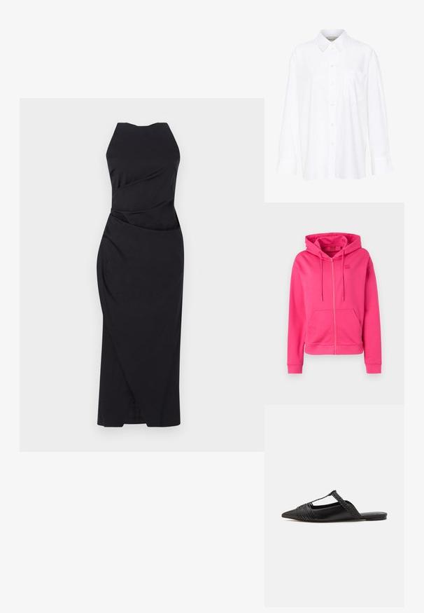 HUGO DALFINE - Zip-up sweatshirt - bright pink; White long-sleeve collared shirt made of cotton. Features a button-down front and a single chest pocket. Smooth texture, relaxed fit.; Marella ELEGIA - Cocktail dress / Party dress - nero; Black leather slingback shoe with a pointed toe, featuring a woven accent and pleated upper design. Flat sole with minimal hardware.