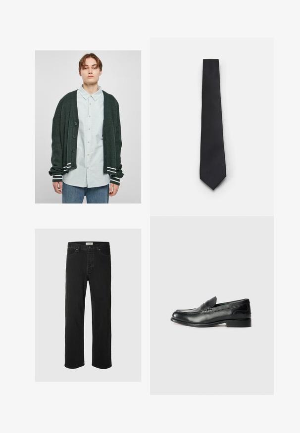 Tume roheline kaugarvestus, millel on ribatekstuur, nupuga ees, valged triibulised aktsendid varrukatel, kantud heledalt triibulise särke üle.; Valge nööbiga särk pikade varrukatega, sileda puuvillase kangaga, klassikalise kraega ja delikaatse sädelusega. Ees on viis nööd.; Mustad denim sirged püksid on varustatud klassikalise viie taskuga, nupuga kinnitamisega, minimaalse õmblusega ja pehme tekstuuriga.; Mustad mustad nahast loafers, mis on kaunistatud sileda viimistluse, õmblusdetailide ja veidi kõrgendatud kannaga.; Kitsas musta lips, millel on tekstureeritud, diagonaalne ribakujuline muster. Omab teravat otste ning sileda viimistlusega. Sobib ametlikeks üritusteks.