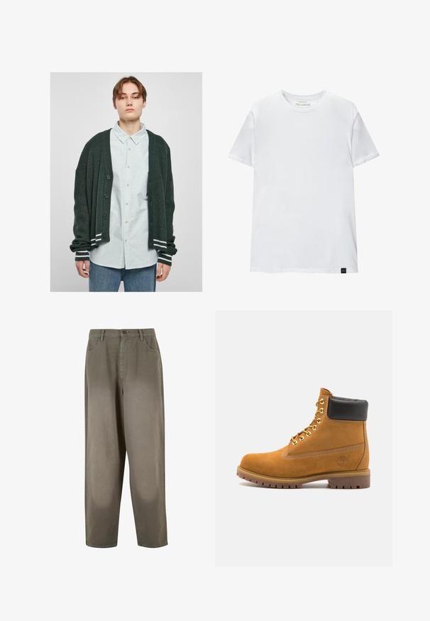 Tummanvihreä neulecardigan, jossa on ribbikuviointi, nappikiinnitys edessä ja valkoiset raidoitetut yksityiskohdat hihansuissa. Cardigan on puettu vaaleanraidallisen paidan päälle.; Valkoinen lihaksen istuvuus t-paita, joka on valmistettu puuvillasta. Pyöreä kaula-aukko, lyhyet hihat, sileä rakenne. Pieni musta logotagi helman kohdalla. Yksinkertainen muotoilu.; Vaaleanvihreät, leveälahkeiset housut pehmeästä kankaasta. Ominaisuuksiin kuuluu nappisuljenta, etutaskut ja sileä pinta.; Valkoinen nahkainen nilkkuri mustalla pehmustetulla kauluksella, kultaisilla metallisilla rei'illä, valkoisella ompeluksella ja jykevällä kumipohjalla, jossa on selvästi näkyvät urat.