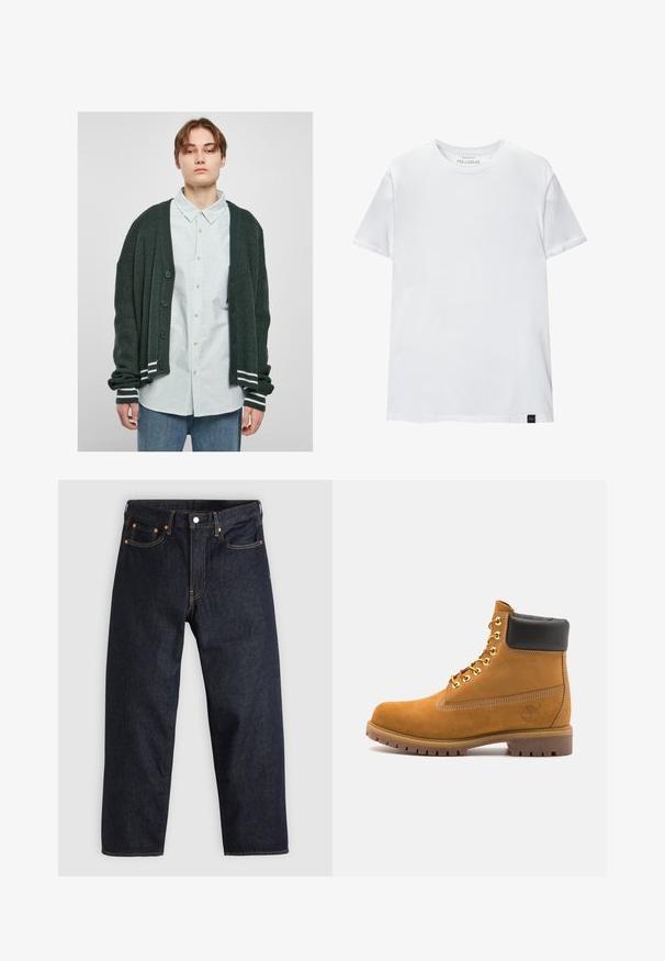 Tamnozelena pletena kardigan sa rebrastom teksturom, s prednjim dugmadima, bijelim prugastim naglascima na manžetama, nosi se preko svijetlo prugaste košulje.; Bijela majica uskog kroja od pamuka. Okrugli izrez, kratki rukavi, glatka tekstura. Mali crni logo na rubu. Jednostavan dizajn.; Tamno plave traperice ravnog kroja, s pet džepova, kontrastnim narančastim šavovima i dugmetom za zatvaranje. Nema vidljivih uzoraka ili ukrasa.; Antracitne antilop čizme do gležnjeva s crnim podstavljenim ovratnikom, zlatnim metalnim rupicama, bijelim šavovima i robusnom gumenom potplatom s izraženim šarama.