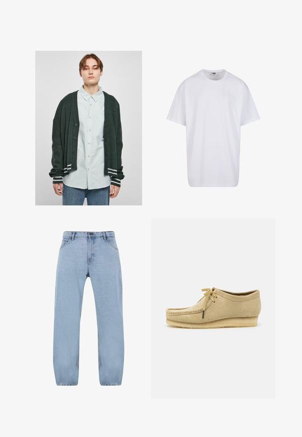Dark green knitted cardigan with ribbed texture, featuring a button-down front, white striped accents on the cuffs, worn over a light striped shirt.; White cotton t-shirt with short sleeves, rounded neckline, relaxed fit, and no visible logos or patterns. Smooth texture and minimal design.; Light blue denim jeans with a straight-leg design, featuring four pockets, a zip fly, and gold stitching details.; Beige suede shoe with a lace-up design, stitched detailing, and a rubber sole. The shape is casual with a slight wedge heel.