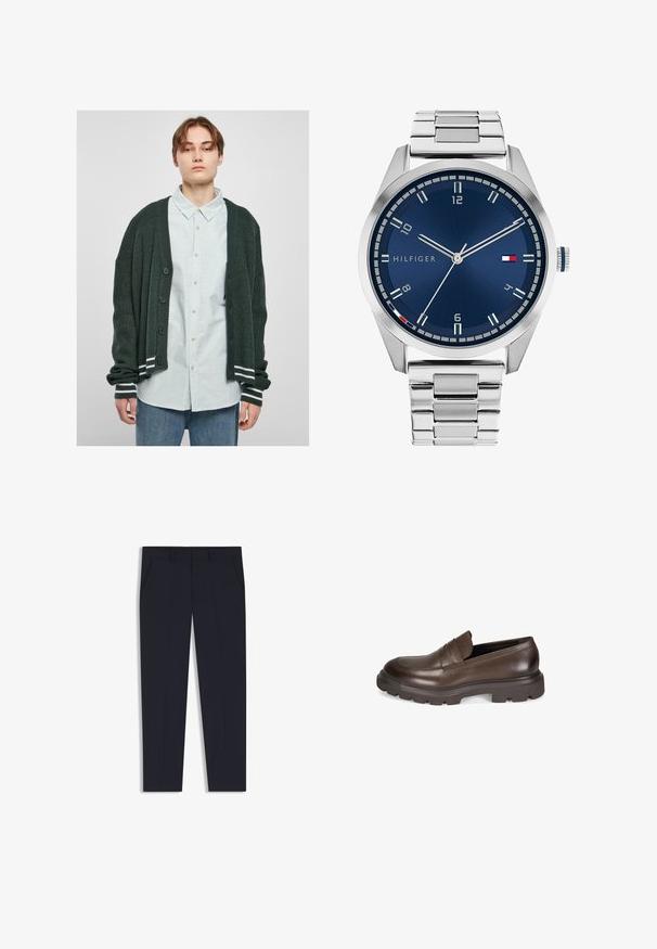 Dunkelgrüner Strickcardigan mit gerippter Textur, mit durchgehender Knopfleiste, weißen Streifenakzenten an den Bündchen, getragen über einem hell gestreiften Hemd.; Braunes Poloshirt aus glattem Stoff, mit einem Reißverschlusskragen, kurzen Ärmeln und einer taillierten Passform. Keine Muster oder Verzierungen sichtbar.; Marineblaue Hose mit maßgeschneiderter Passform, ausgestattet mit zwei Vordertaschen, einem flachen Design und einer glatten Textur. Keine sichtbaren Muster oder Verzierungen.; Desa Slipper - brown; Silberne Metall-Uhr mit einem gebürsteten blauen Zifferblatt, weißen Stundenmarkierungen und einem Datumsanzeiger. Verfügt über ein verlinktes Metallarmband und ein Markenlogo.