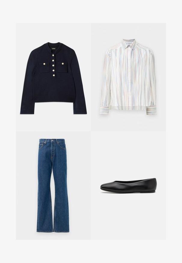 Navy blue sweater with a round neckline, long sleeves, and two chest pockets. Features gold buttons along the front for closure. Soft texture.; Striped button-up shirt with a white base, featuring narrow multi-colored lines in blue, orange, and green. Long sleeves and a classic collar.; Blue denim flared jeans with a high waist, featuring five pockets, a silver button closure, and visible stitching accents.; Paul Smith TOPANGA - Ballet pumps - black