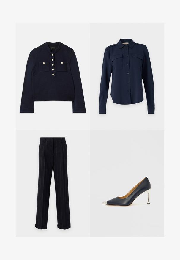 Mornarsko plavi pulover s okruglim izrezom, dugim rukavima i dva džepa na prsima. Ima zlatne dugmadi duž prednje strane za zatvaranje. Mekana tekstura.; Mornaricno plava košulja dugih rukava izrađena od mekanog materijala. Ima dva džepa na prsima, epoletu na ramenima i dugmadi na manžetama.; Crne prugaste hlače s krojem po mjeri, s opšivenim rubom i prednjim naborima. Izrađene od glatkog materijala s čvrstim dizajnom.; Smeđe plava kožna ženska cipela s visokim potpeticama i šiljastim vrhom, s metalnim srebrnim vrhom i sjajnom srebrnom štiklom.