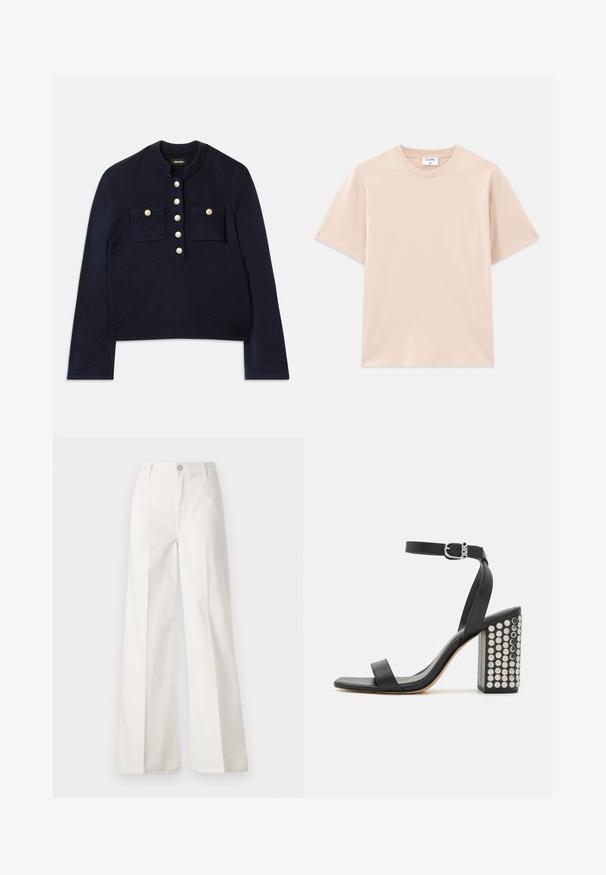 Dunkelblauer Pullover mit Rundhalsausschnitt, langen Ärmeln und zwei Brusttaschen. Verfügt über goldene Knöpfe an der Vorderseite zur Verschluss. Weicher Stoff.; Kurze T-Shirt-Ärmel in hellem Beige, aus weicher Baumwolle. Rundhalsausschnitt, lockere Passform, mit geradem Saum und ohne Muster oder Grafiken.; Weiße weite Hosen aus Baumwolle mit glatter Textur. Sie verfügen über einen vorderen Knopf, einen Reißverschluss und ein Design mit vier Taschen.; Schwarze Ledersandalen mit Absatz und Knöchelriemen. Mit einer quadratischen Schuhspitze, glatter Textur und einem quadratischen Blockabsatz, der mit silbernen Nieten verziert ist.