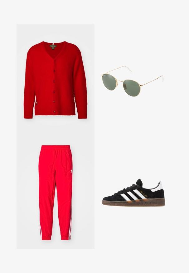 Manastash ABERDEEN KURTIGAN - Kofta - red; Vit bomullströja med rund halsringning, korta ärmar och en avslappnad passform. Har en enkel design utan mönster eller accenter.; Röda idrottsbyxor med elastisk midja, vita randiga accenter längs sidorna och en liten vit logotyp på vänster lår.; Svarta Adidas-sneakers med vita ränder, guld "Spezial" text, gummisulor och vit hälflik, visade i profilvy.; Guldmetallbågar solglasögon med gröna linser, rund form, tunna templer och vita plastdetaljer på ändarna av bågarna.
