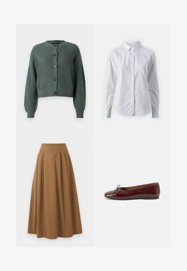 Cardigan verde tricotat, croppat, cu mâneci lungi, având un guler rotund și cinci butoane maro pe față. Design texturat cu dungi.; Cămașă albă cu nasturi, confecționată din bumbac neted, având un guler clasic, mâneci lungi și un tiv curbat. Nasturii sunt mici și albi.; Fustă A-line din bumbac maro, cu talie înaltă, având pliseuri pe față și o textură netedă. Marginile sunt finisate curat și simplu.; Balerini din piele patent burgund cu vârful rotund, accent de fundiță mică în față și talpă joasă din cauciuc negru. Textură netedă.