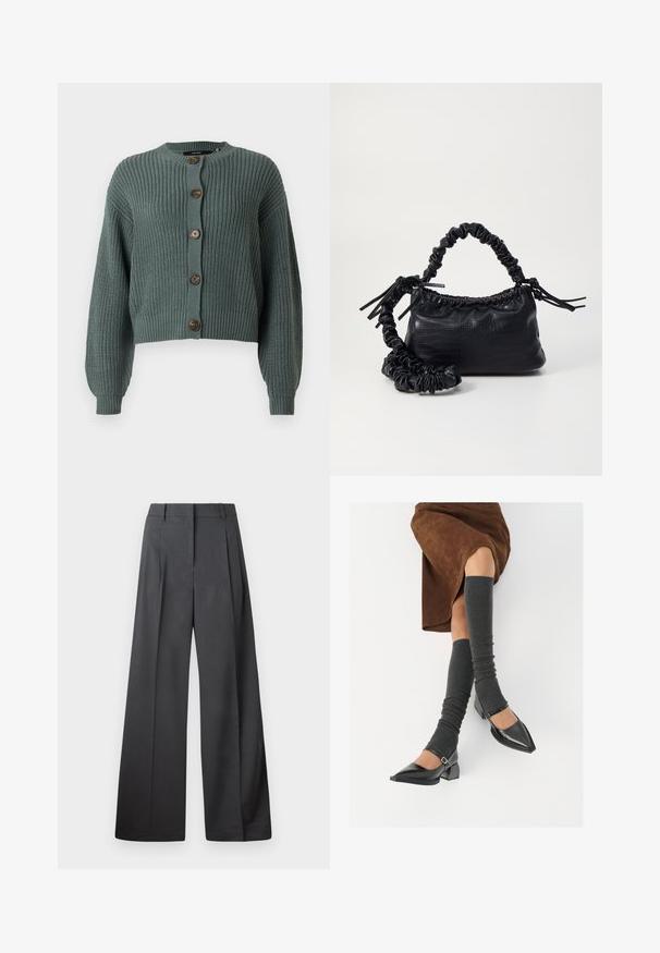Korte groene gebreide cardigan met lange mouwen, voorzien van een ronde halslijn en vijf bruine knopen aan de voorkant. Gelaagd ribbelontwerp.; Witte overhemd met knopen van glad katoen, met een klassieke kraag, lange mouwen en een afgeronde zoom. De knopen zijn klein en wit.; Wijde broek in donkergrijze stof, met een hoge taille, enkele plooien en een gladde textuur met een nette afwerking aan de zoom.; Zwarte gepatineerde leren pumps met een puntige neus, een blokhak en een enkelbandje, gecombineerd met grijze geribde beenwarmers en een bruine suède rok.; Zwarte nepleer handtas met een krokodillenstructuur, opgedroogde bovenkant en een gekreukte hengsel. Het lijkt zacht en compact van ontwerp.