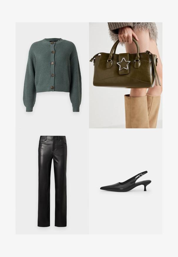 Kratka zelena pletena jopica z dolgimi rokavi, ki ima okroglo izrez in pet rjavih gumbov spredaj. Teksturni rebrasti dizajn.; Siva kratki majica iz mehkega bombažnega blaga. Okrogli izrez, sproščen kroj z gladko teksturo in minimalnim dizajnom.; Črne usnjene hlače s ravnim krojem, z gumbnim zapiranjem in sprednjimi žepi. Gladka površina z diskretnimi šivi.; Črne usnjene sandale z odprtim peto in konično oblikovanim prstom ter ozkim, ukrivljenim petnim delom. Imajo diskretno nastavljivo zaponko z kovinsko sponko.; Olivnozeleno usnjeno ročno torbico z srebrno zvezdo, dvema ročajema in zadrgo. Teksturna površina in strukturirana oblika.