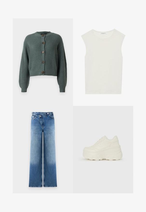 Gekürzter grüner Strickcardigan mit langen Ärmeln, rundem Ausschnitt und fünf braunen Knöpfen in der Mitte. Strukturierter Rippdesign.; Weißes ärmelloses Top mit rundem Ausschnitt. Hergestellt aus glattem Stoff, hat es einen lässigen Schnitt und minimalistisches Design. Keine Muster oder Akzente.; Hellblaue weit geschnittene Jeans mit einer verwaschenen Optik, die ein klassisches Fünf-Taschen-Design und Metallknopf-Akzente an der Taille aufweisen.; Weiße Platform Sneakers mit einem glatten, lederähnlichen Obermaterial, abgerundeter Form, gepolstertem Kragen und strukturierten Gummisohlen mit ausgeprägten Stollen.
