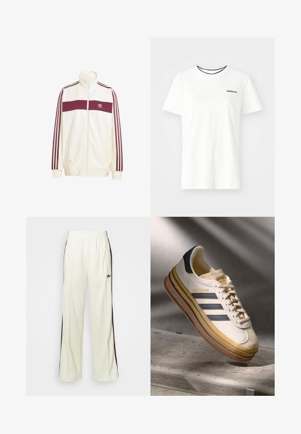 Veste de sport blanche avec un col montant, bande horizontale maroon sur la poitrine, accents à trois bandes maroon sur les manches, poches zippées.; T-shirt en coton blanc à manches courtes et à encolure ronde. Présente un logo Adidas noir sur la poitrine et un col intérieur noir contrastant.; Pantalons de survêtement couleur crème avec une coupe décontractée, présentant des rayures latérales marron foncé et un logo brodé sur la cuisse gauche.; Baskets Adidas Gazelle avec une tige en daim crème, des accents en cuir bleu, trois rayures bleues, une semelle intermédiaire beige et une semelle extérieure en caoutchouc marron.