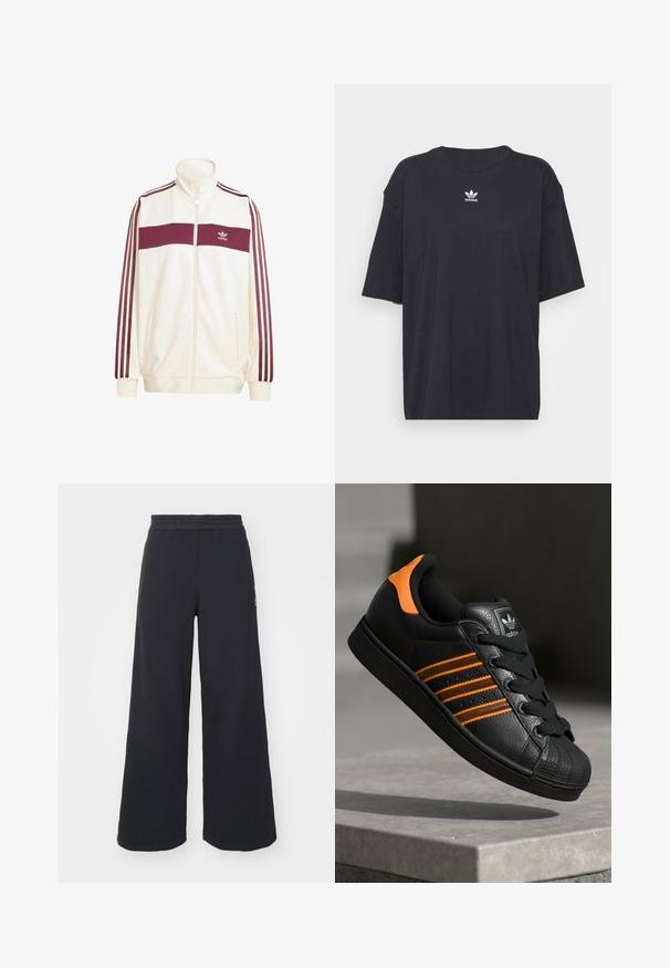 Casaco de pista branco com gola alta, faixa horizontal bordô no peito, detalhes em três riscas bordô nas mangas, bolsos com zíper.; T-shirt de algodão preto com mangas curtas, decote arredondado, apresenta um logótipo branco da Adidas no peito. Design simples, ajuste descontraído.; Calças de fato largas, pretas, feitas de tecido macio, com uma cintura elástica e um pequeno logótipo do lado esquerdo.; Sapatilha preta com detalhes laranja, três riscas horizontais, parte superior em couro texturizado, bico de borracha e atacadores pretos.