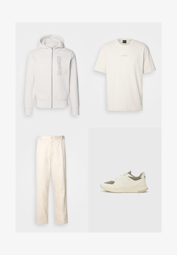 Calvin Klein HORIZONTAL LOGO ZIP THRU HOODIE - Užtrauktuku užsegamas treningas - silver birch; BOSS TEE - Paprasti marškinėliai - open white; Bežinės medvilninės kelnės su tiesiu kirpimu, turinčios mygtuko uždarymą ir priekyje raukšles papildomai dekoratyviam akcentui.; Baltas ir šviesiai bežinis sportinis kedas, su tinklo viršumi, perforuotais detalėmis ir tekstūruotu tarpine su logotipu ant kulno.