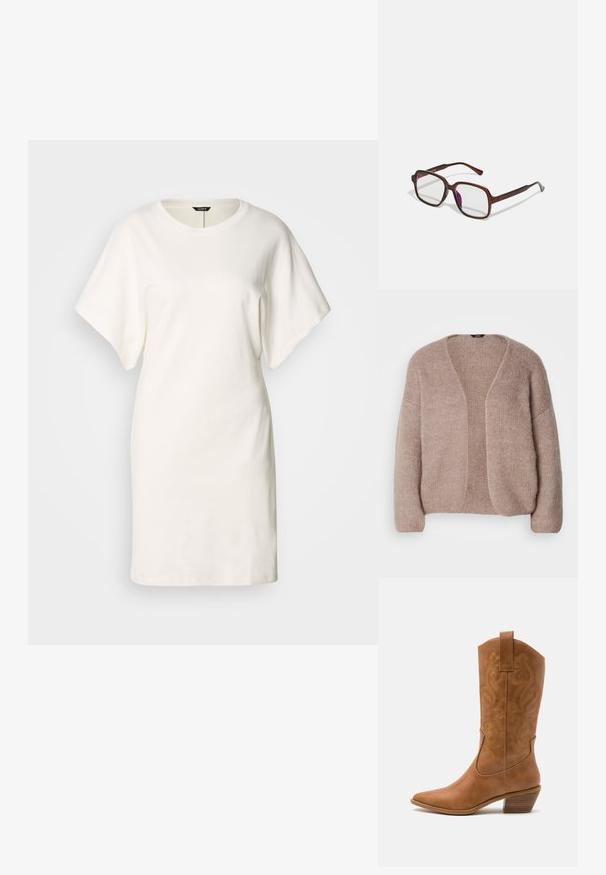 Cardigan en tricot beige avec un col en V, des manches larges et un design ouvert. Texture douce avec un motif de tricot légèrement épais.; Robe t-shirt oversize blanche en coton doux. Elle dispose d'un col rond et de manches courtes, avec un ourlet droit et un design minimaliste.; Bottes de cow-boy en cuir tan avec un bout pointu, des motifs en spirale brodés sur la tige, et un talon bloc empilé. Équipées d'une languette pour un enfilage facile.; Lunettes rectangulaires marron avec des verres transparents et des nuances violacées. Monture en plastique lisse avec des branches droites et des accents subtils.; Boucles d'oreilles en argent avec une finition lisse et polie. Forme ronde et fermeture à clip sécurisée. Design léger adapté pour un port quotidien.